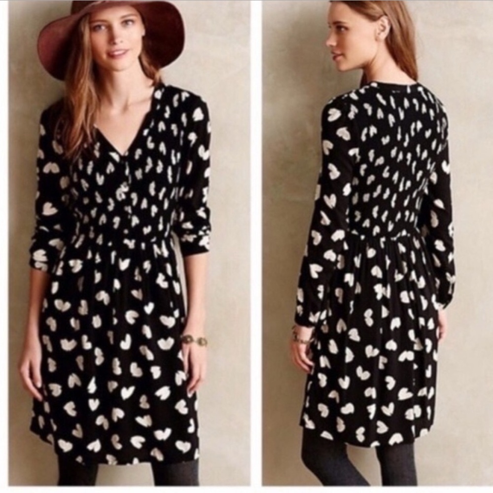 Maeve Anthropologie Smocked Heart Long Sleeve Dress Pockets Black Off-White XXS